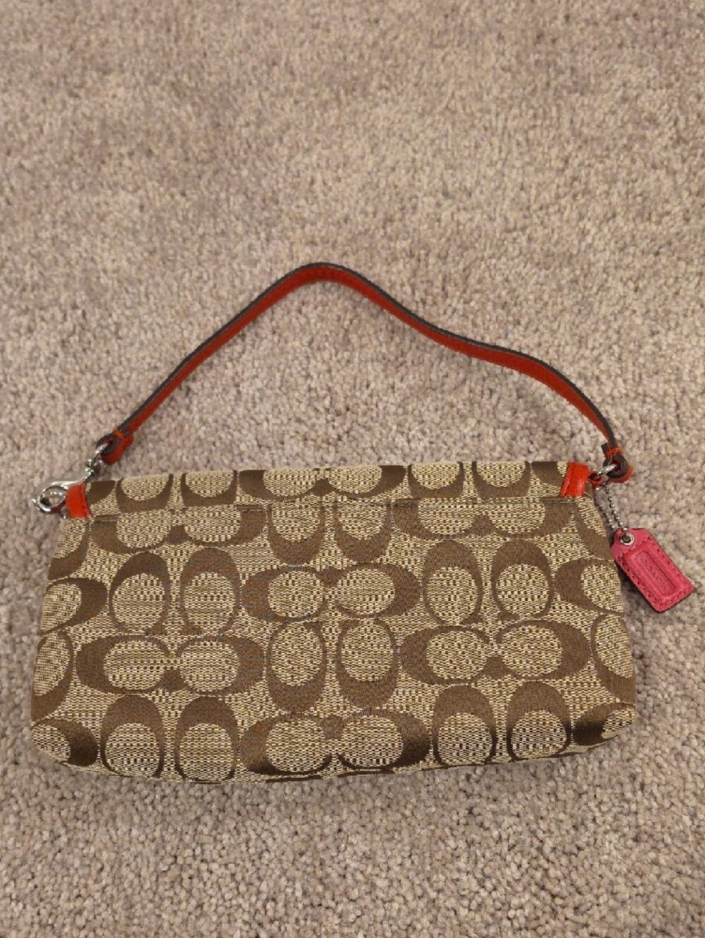 Coach Signature Canvas Wristlet in Brown with Orange Trim - Picture 2 of 9